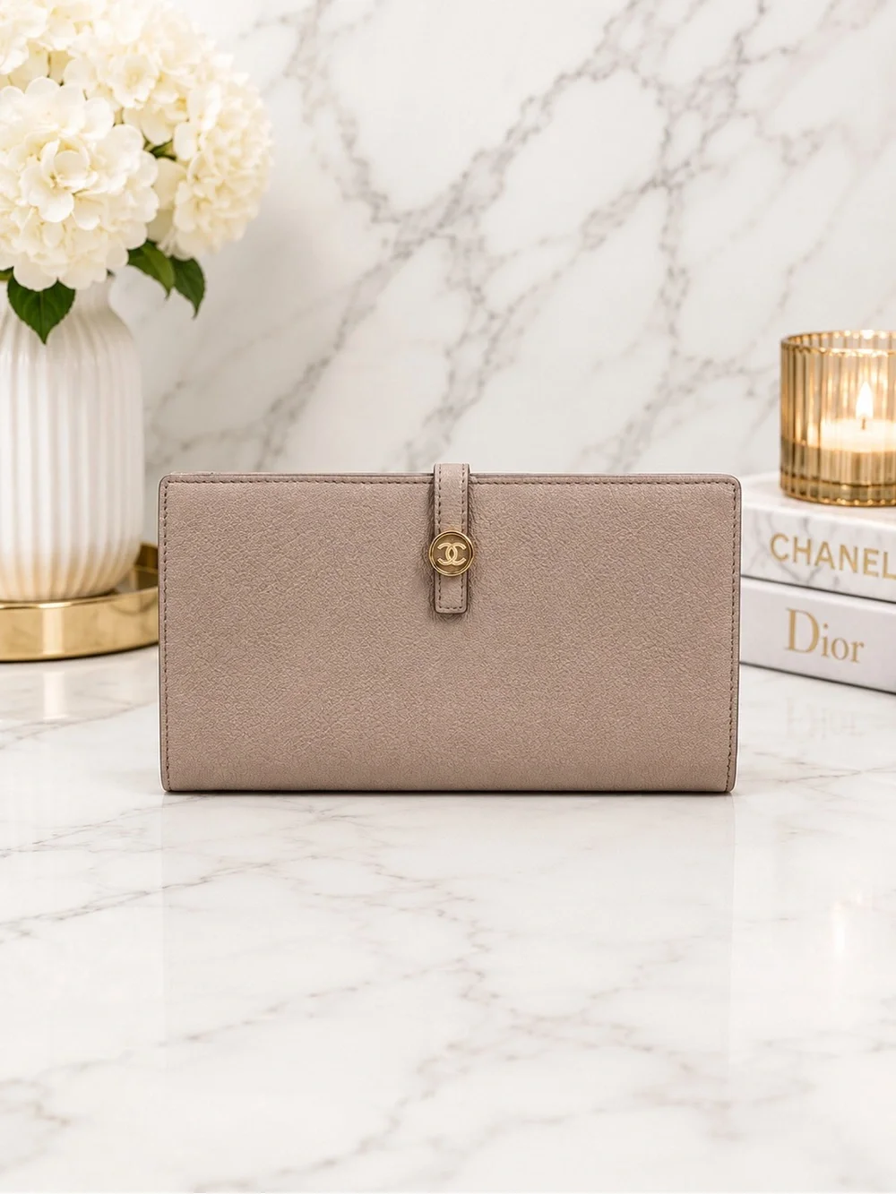 CHANEL Gray Caviar Leather Long Snap Bifold Wallet | Full Inclusion